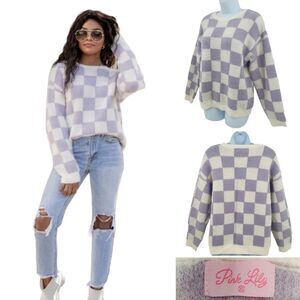 Pink Lily Sweater Lavendar Checkered Patchwork Oversized Sz XS